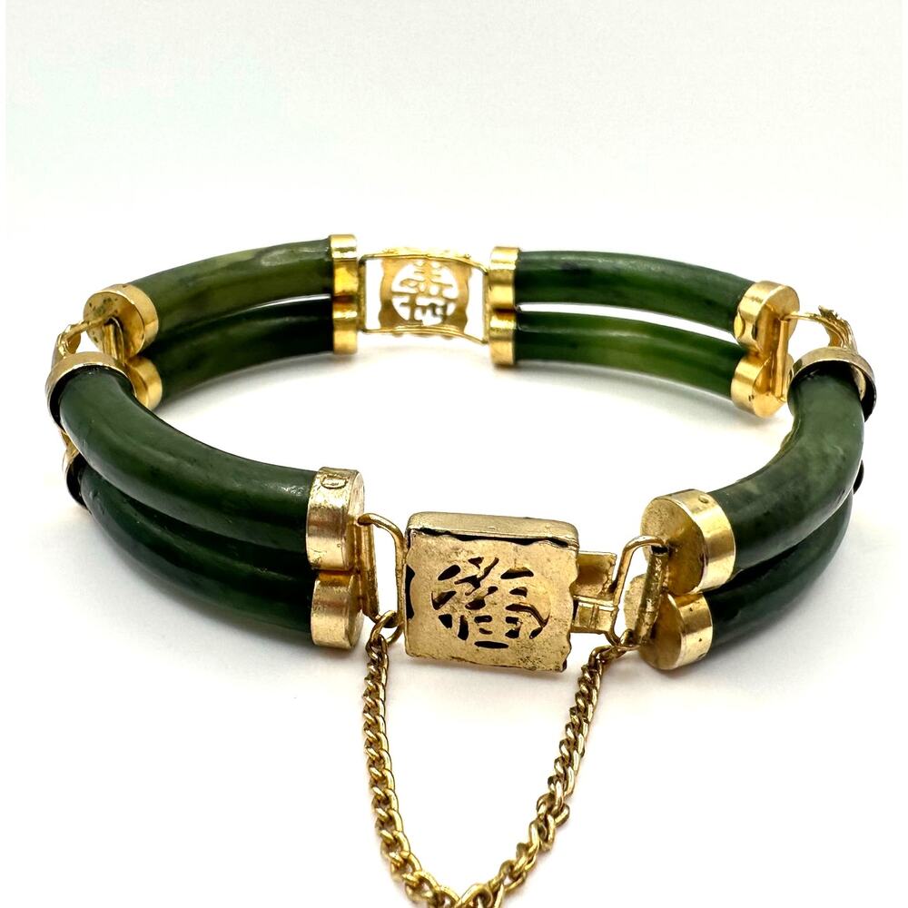 Vintage Chinese gold plated green genuine nephrite jade two row bracelet